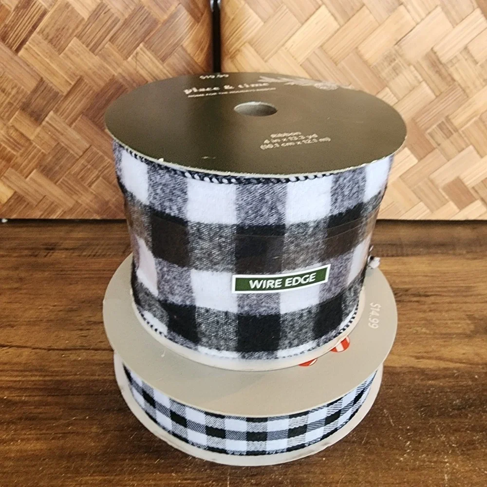 Lot of Buffalo Plaid Spools of Ribbon Black and‎ White Flannel Wired Home Decor